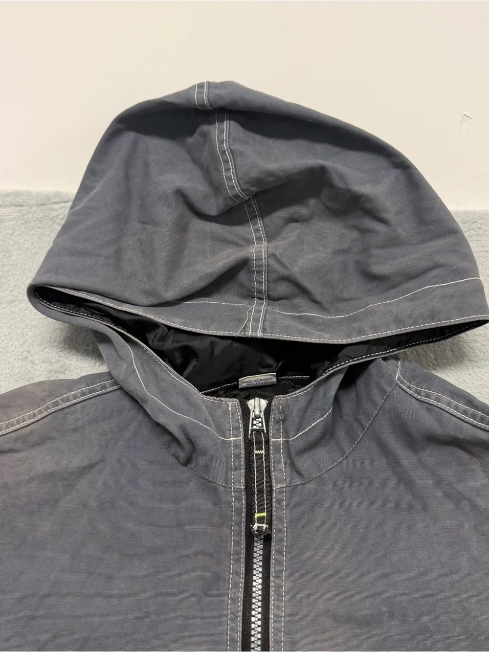 Vtg Gray Faded Hooded Jacket Gorpcore Workwear Utility Zip Russia Made Men’s L
